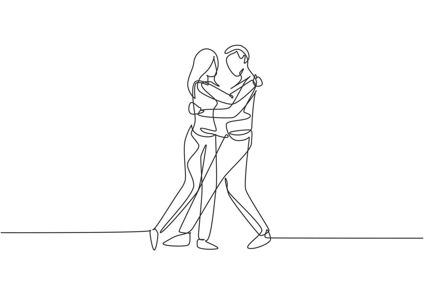 Continuous one line drawing happy people dancing salsa. Couples, man and woman in dance. Pairs of dancers with waltz tango and salsa styles moves. Single line draw design vector graphic illustration