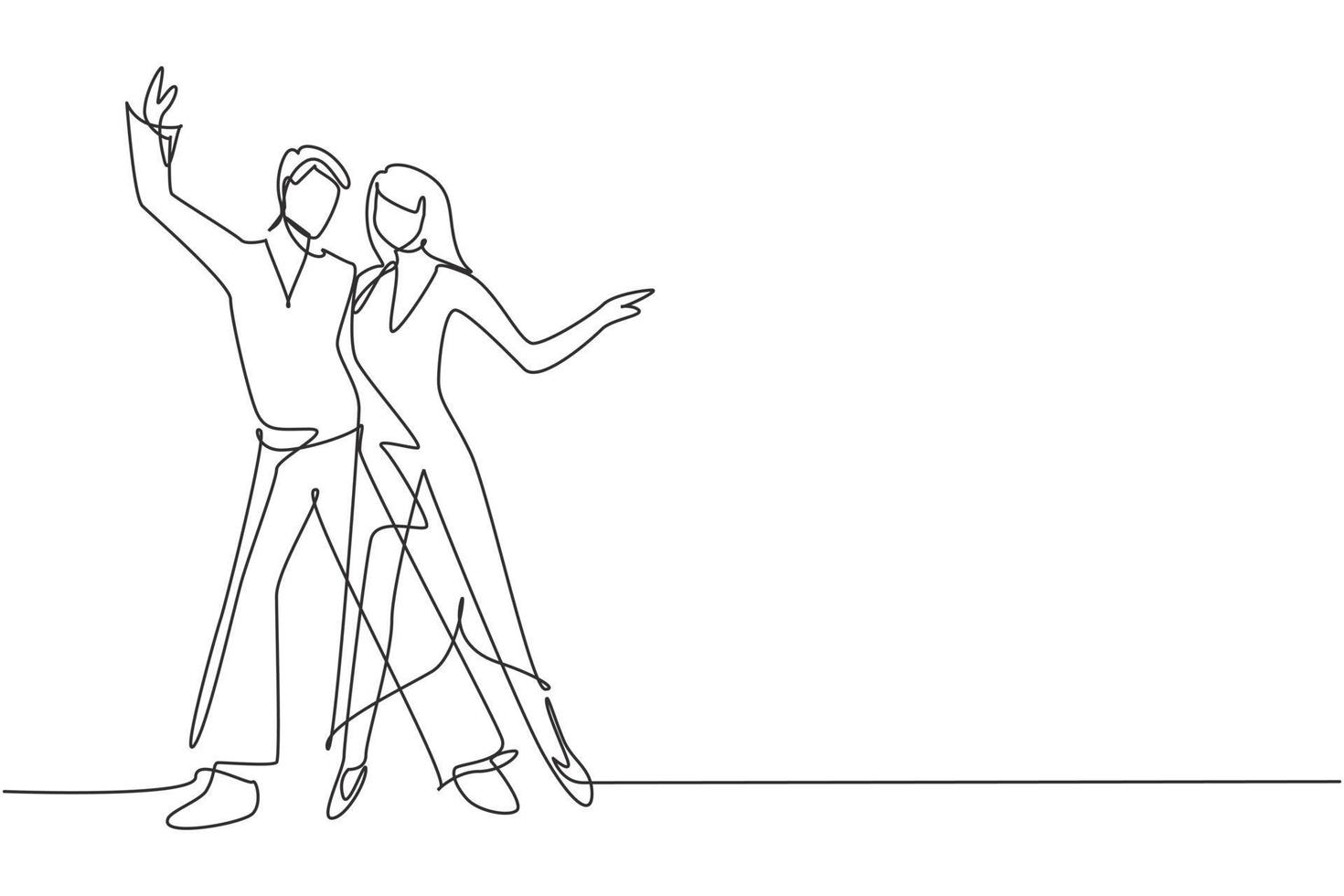 dibujo de una sola línea hombre y mujer bailarina profesional pareja bailando tango, bailes de vals en la pista de baile del concurso de baile. fiesta nocturna. Ilustración de vector gráfico de diseño de dibujo de línea continua moderna