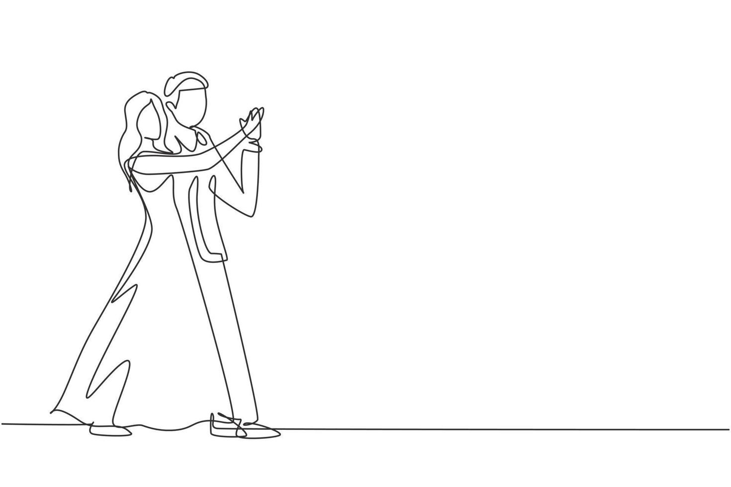 Continuous one line drawing romantic man and woman professional dancer couple dancing tango, waltz dances on dancing contest dancefloor. Happy life. Single line draw design vector graphic illustration
