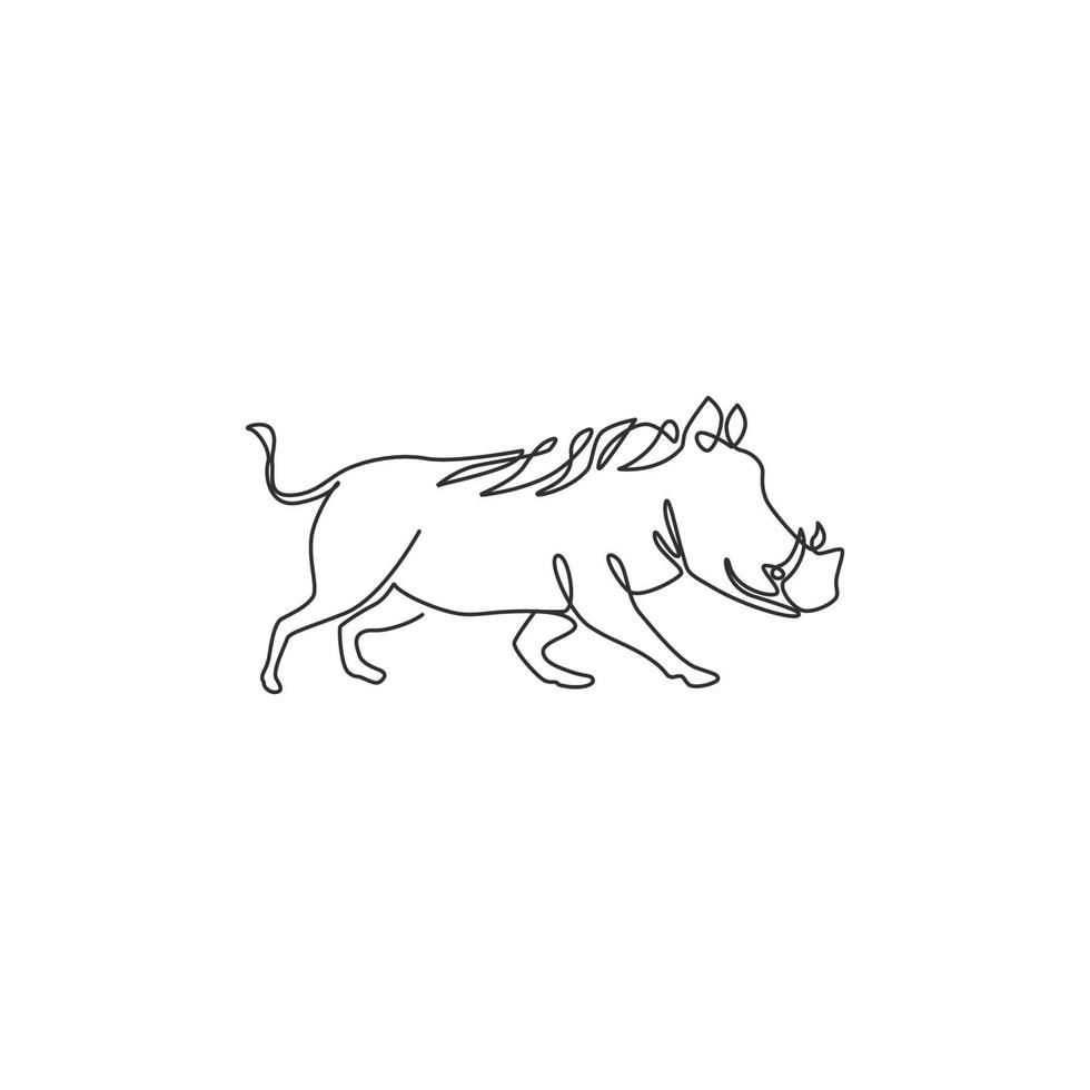 Single continuous line drawing of wild common warthog for company logo identity. Saharan Africa pig mascot concept for national conservation park icon. Modern one line draw design vector illustration