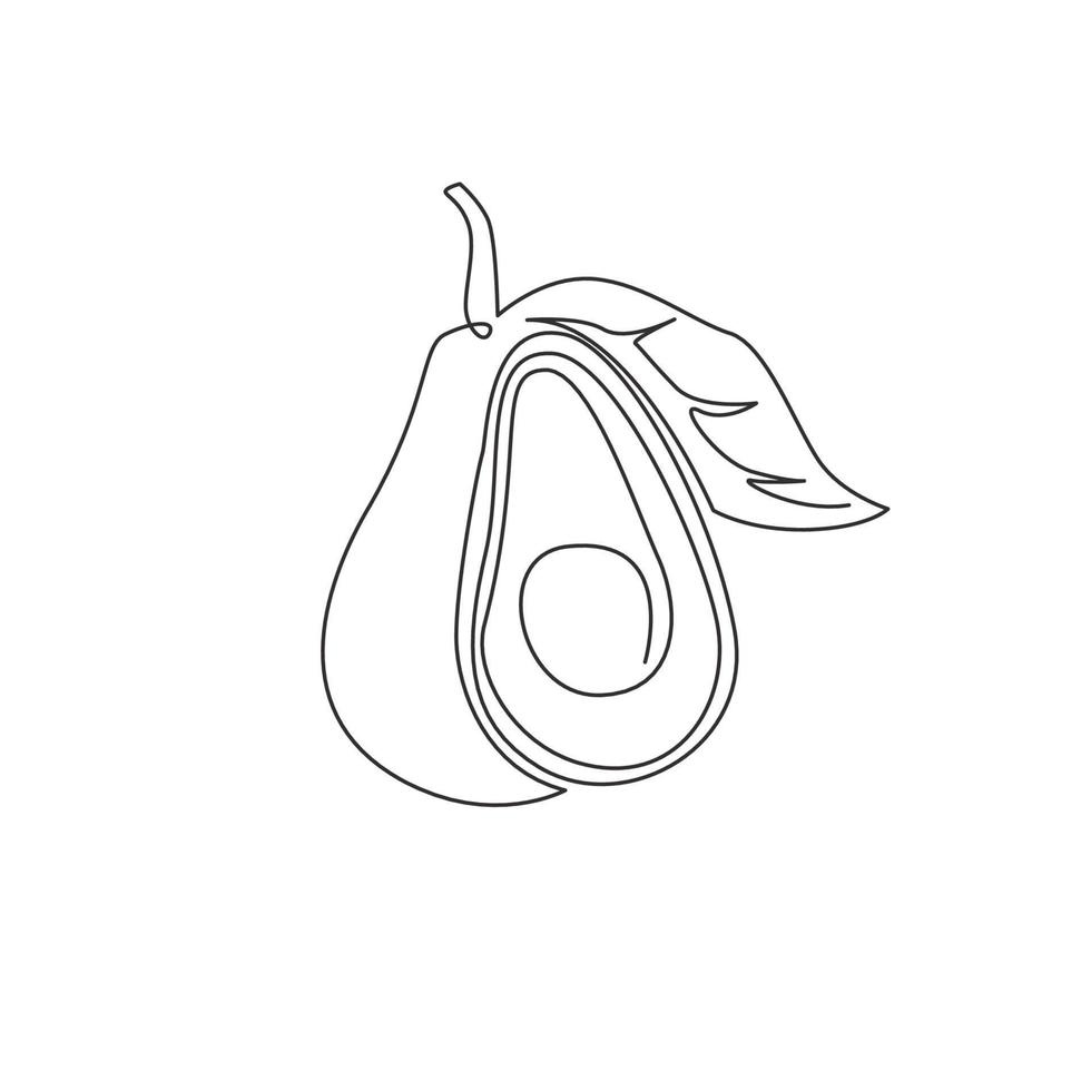 Single continuous line drawing whole and sliced healthy organic avocado for orchard logo identity. Fresh fruitage concept for fruit garden icon. Modern one line draw design vector graphic illustration