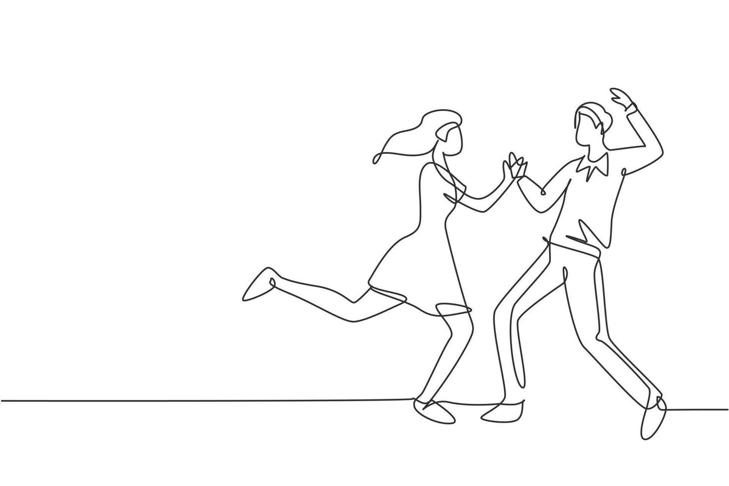 dibujo continuo de una línea feliz pareja hombre y mujer bailando en la escuela, estudio, fiesta. personajes masculinos y femeninos bailando tango juntos. Ilustración gráfica de vector de diseño de dibujo de una sola línea