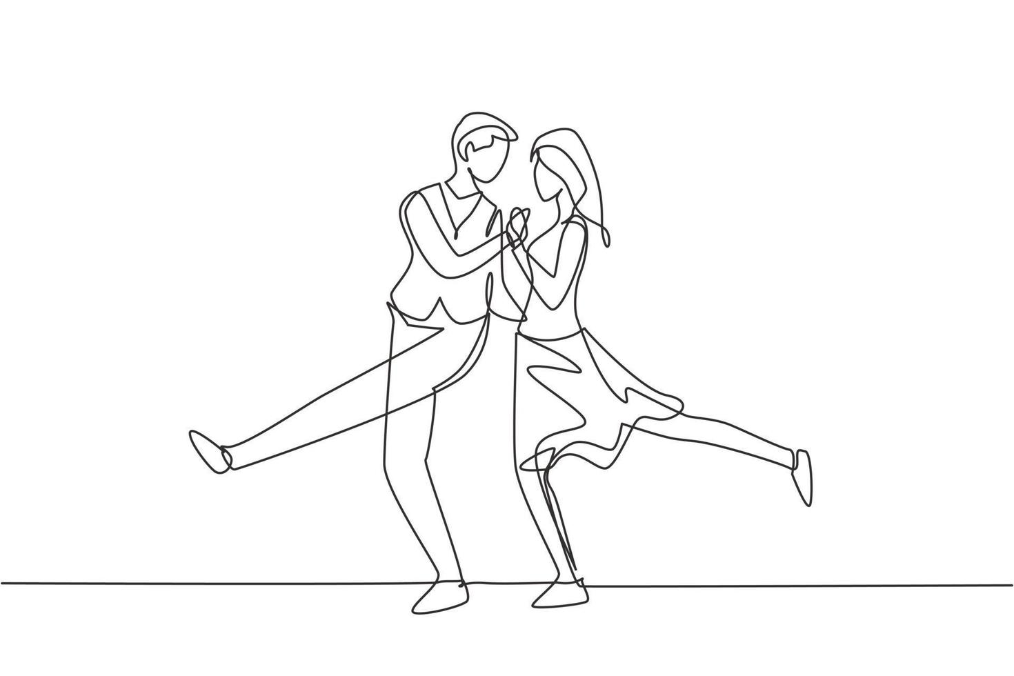 Single continuous line drawing man and woman professional dancer couple dancing tango, waltz dances on dancing contest. Romantic night concept. Dynamic one line draw graphic design vector illustration