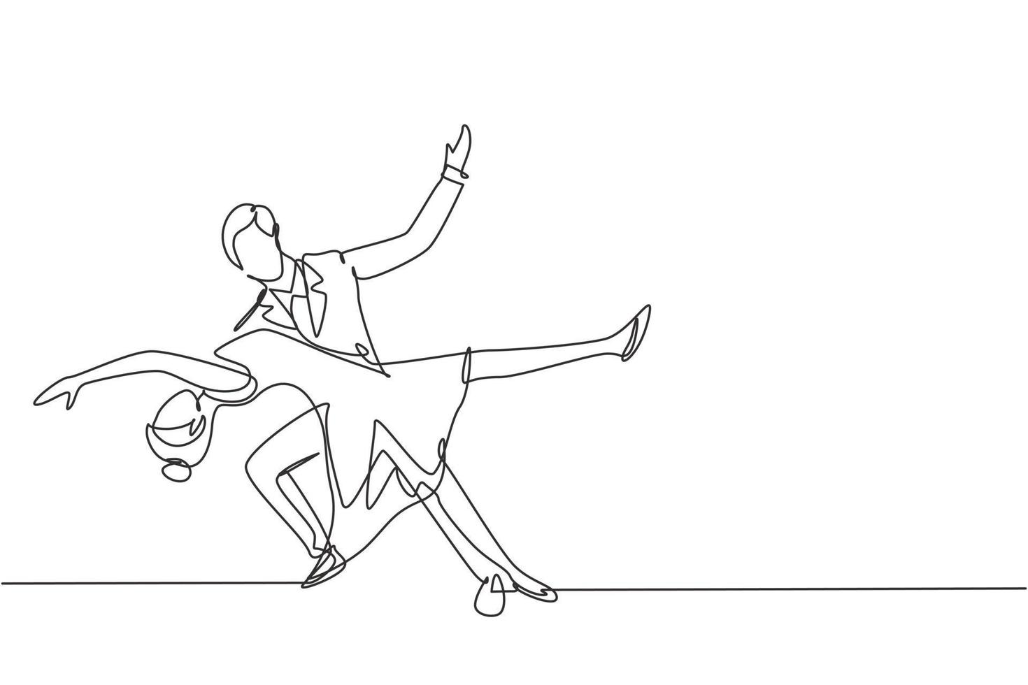 Continuous one line drawing young man and woman professional dancer couple dancing tango, waltz dances on dancing contest dancefloor. Elegant style. Single line draw design vector graphic illustration