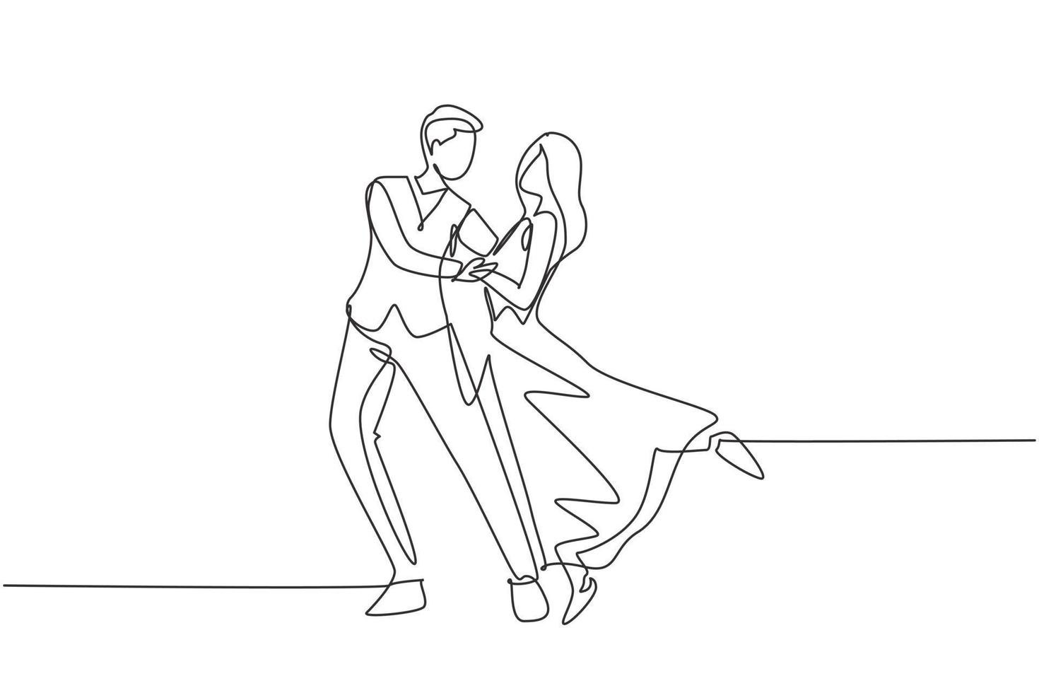 Single continuous line drawing romantic man and woman professional dancer couple dancing tango, waltz dances on dancing contest dancefloor. Dynamic one line draw graphic design vector illustration