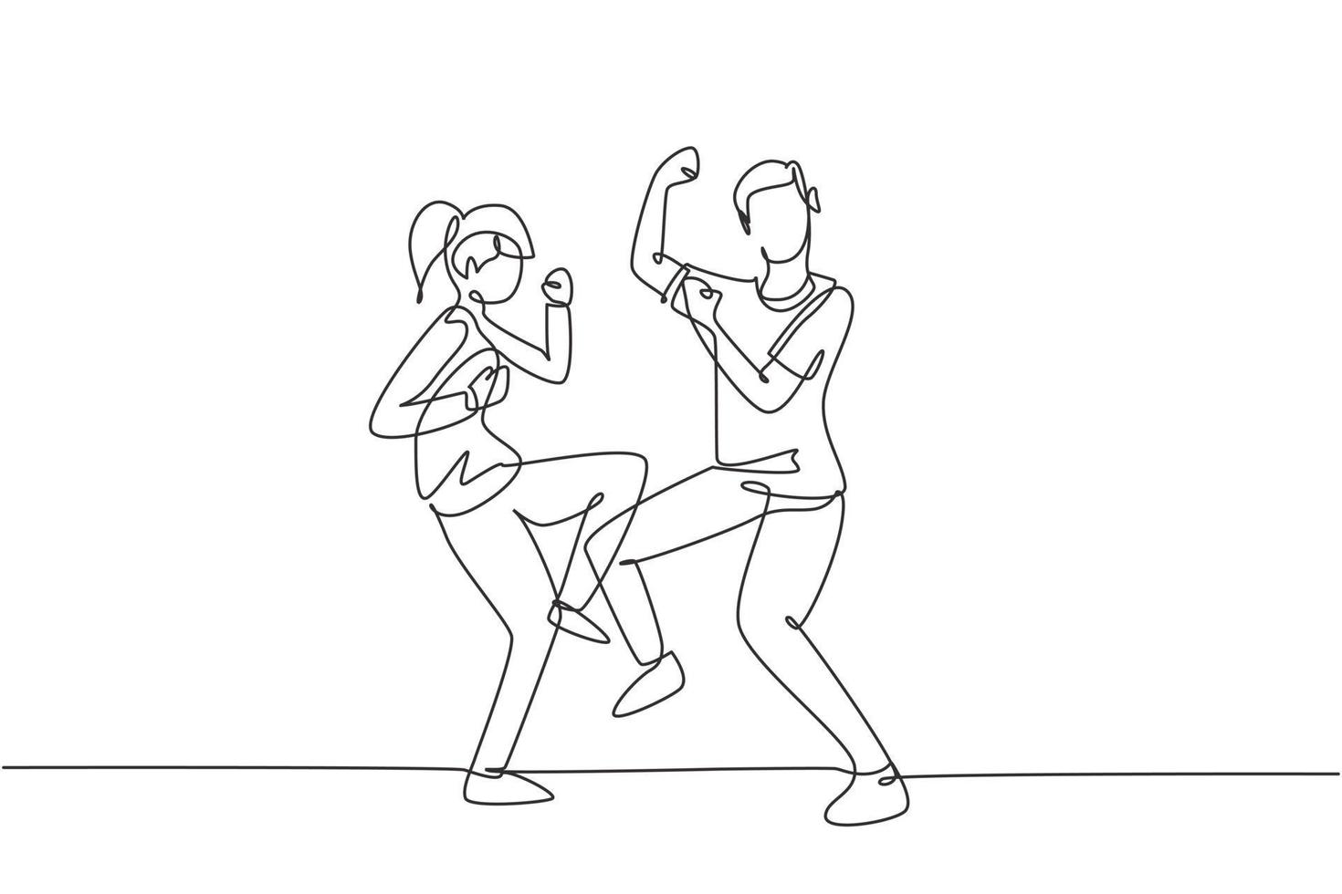 Single one line drawing man woman dancing Lindy hop or Swing together. Male and female characters performing dance at school or party. Modern continuous line draw design graphic vector illustration