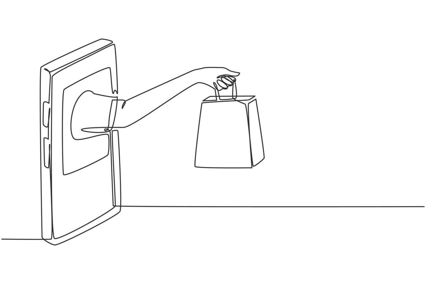 Single continuous line drawing hand out of smartphone screen holding shopping bag. Sale, digital lifestyle with internet and gadgets concept. Dynamic one line draw graphic design vector illustration
