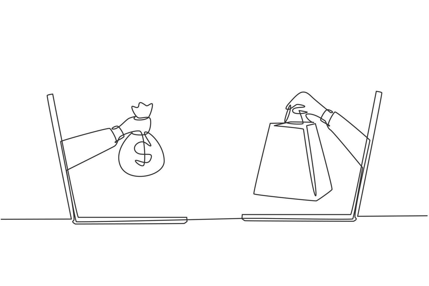 Single one line drawing two hands out of the laptop screen to exchange shopping bags with money bag. Sale, digital payment concept. Modern continuous line draw design graphic vector illustration