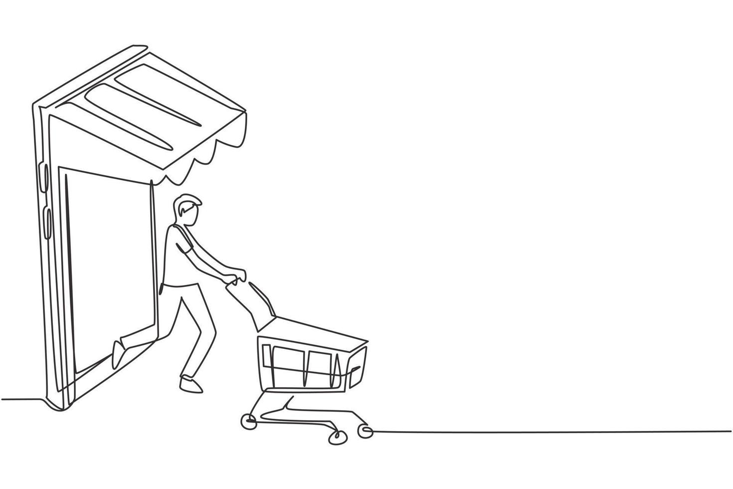 Continuous one line drawing young man coming out of canopy smartphone screen pushing a shopping cart. Sale, digital lifestyle, consumerism concept. Single line draw design vector graphic illustration