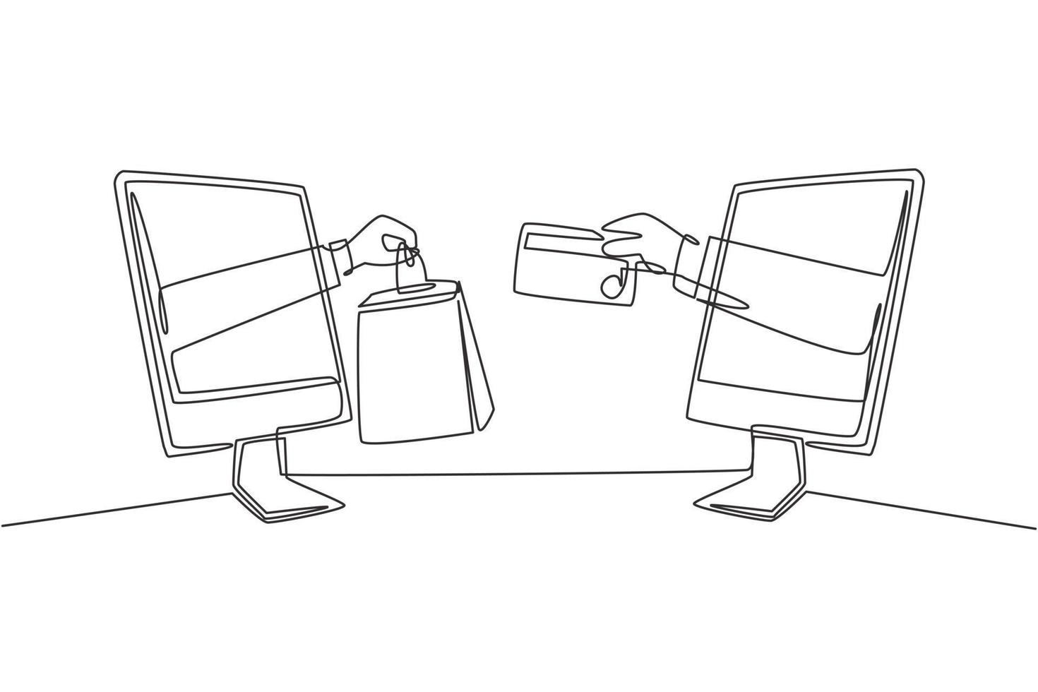Single continuous line drawing two hands out of the monitor screen to exchange shopping bags with credit cards. Sale, digital payment concept. Dynamic one line draw graphic design vector illustration