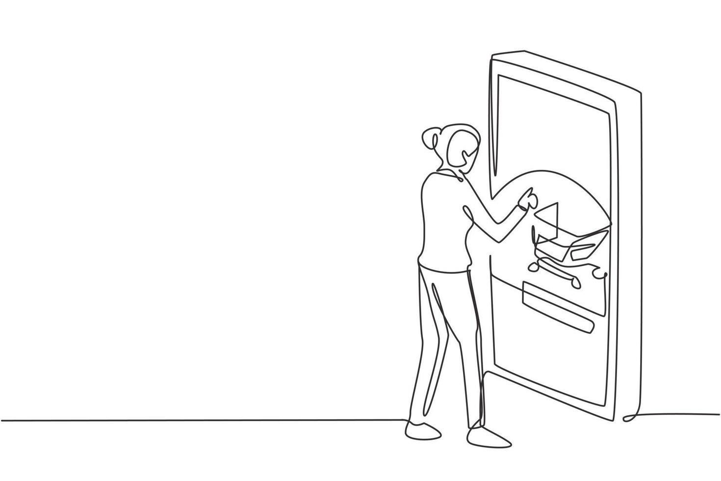 Continuous one line drawing young woman shopping online via giant smartphone screen. Sale, digital lifestyle with internet and gadgets concept. Single line draw design vector graphic illustration