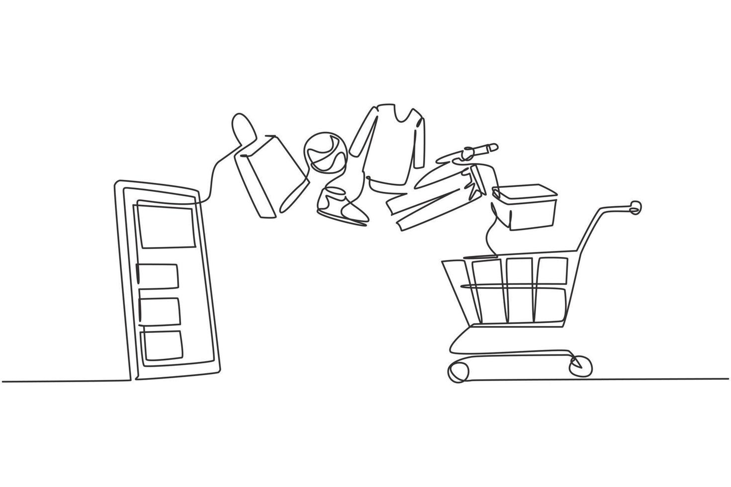 Continuous one line drawing smartphone and shopping cart with products purchased online. E-commerce and digital marketing. Order to cart concept. Single line draw design vector graphic illustration