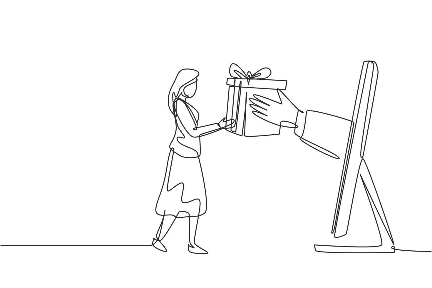 Single one line drawing young woman receives package box from large monitor screen and hands it over. E-shop, digital delivery concept. Modern continuous line draw design graphic vector illustration