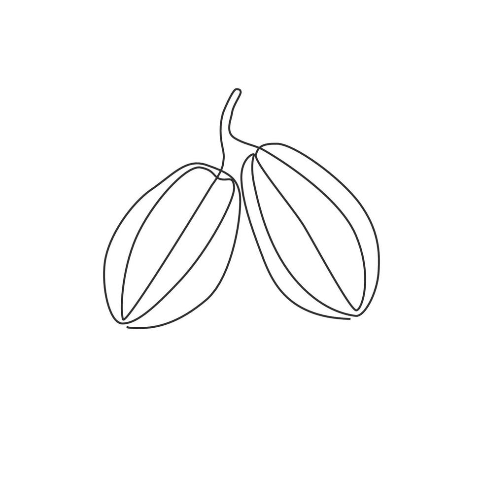 One single line drawing of whole healthy organic for starfruits orchard logo identity. Fresh star fruit concept for garden icon. Modern continuous line graphic draw design vector illustration