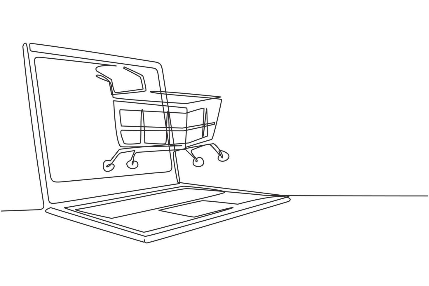 Single continuous line drawing shopping cart out of laptop. Sale, digital lifestyle, consumerism and people concept. E-commerce and digital marketing. One line draw graphic design vector illustration