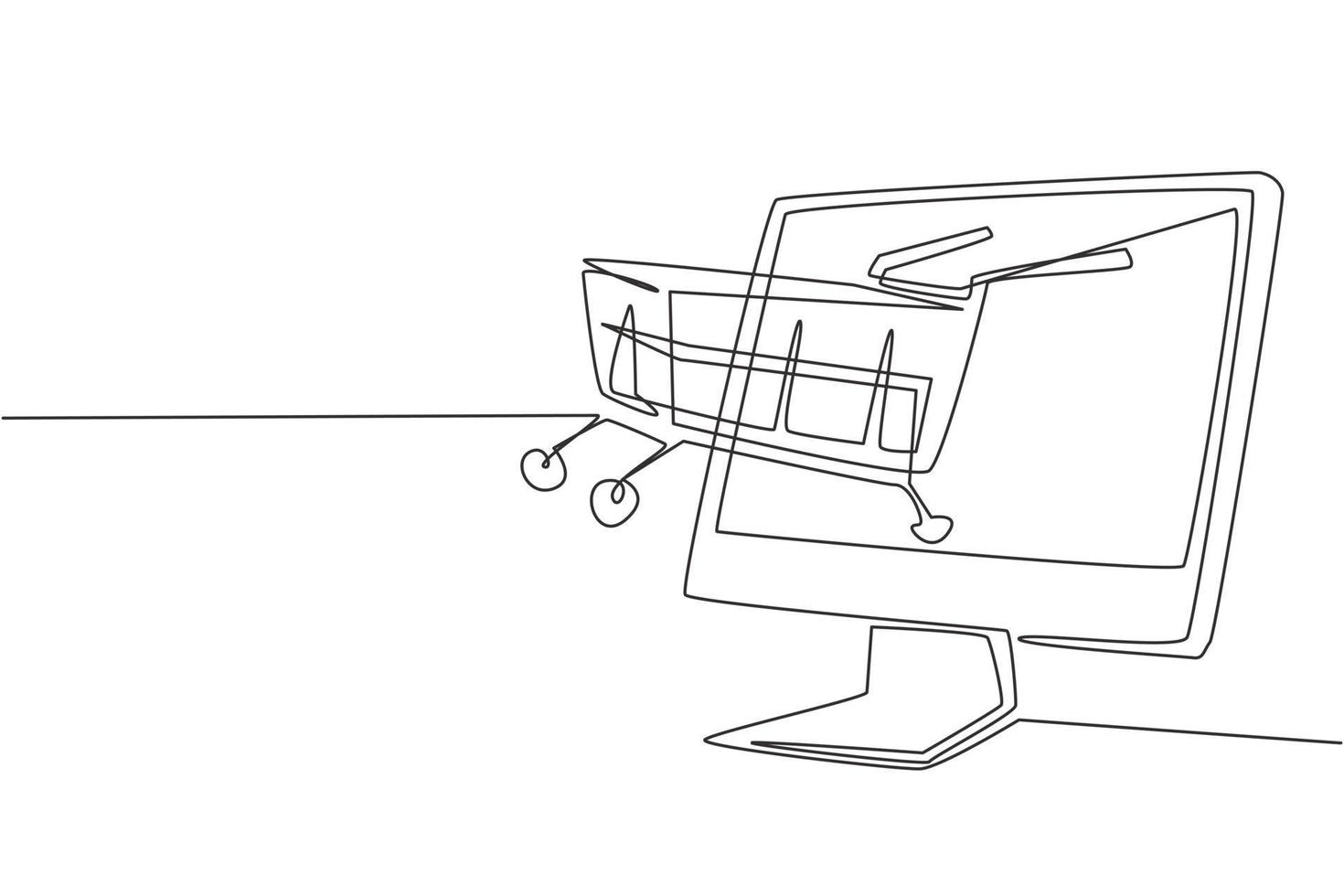 Single one line drawing shopping cart out of monitor screen. Digital lifestyle with internet and gadgets. Sale, consumerism and people concept. Modern continuous line draw design graphic illustration vector