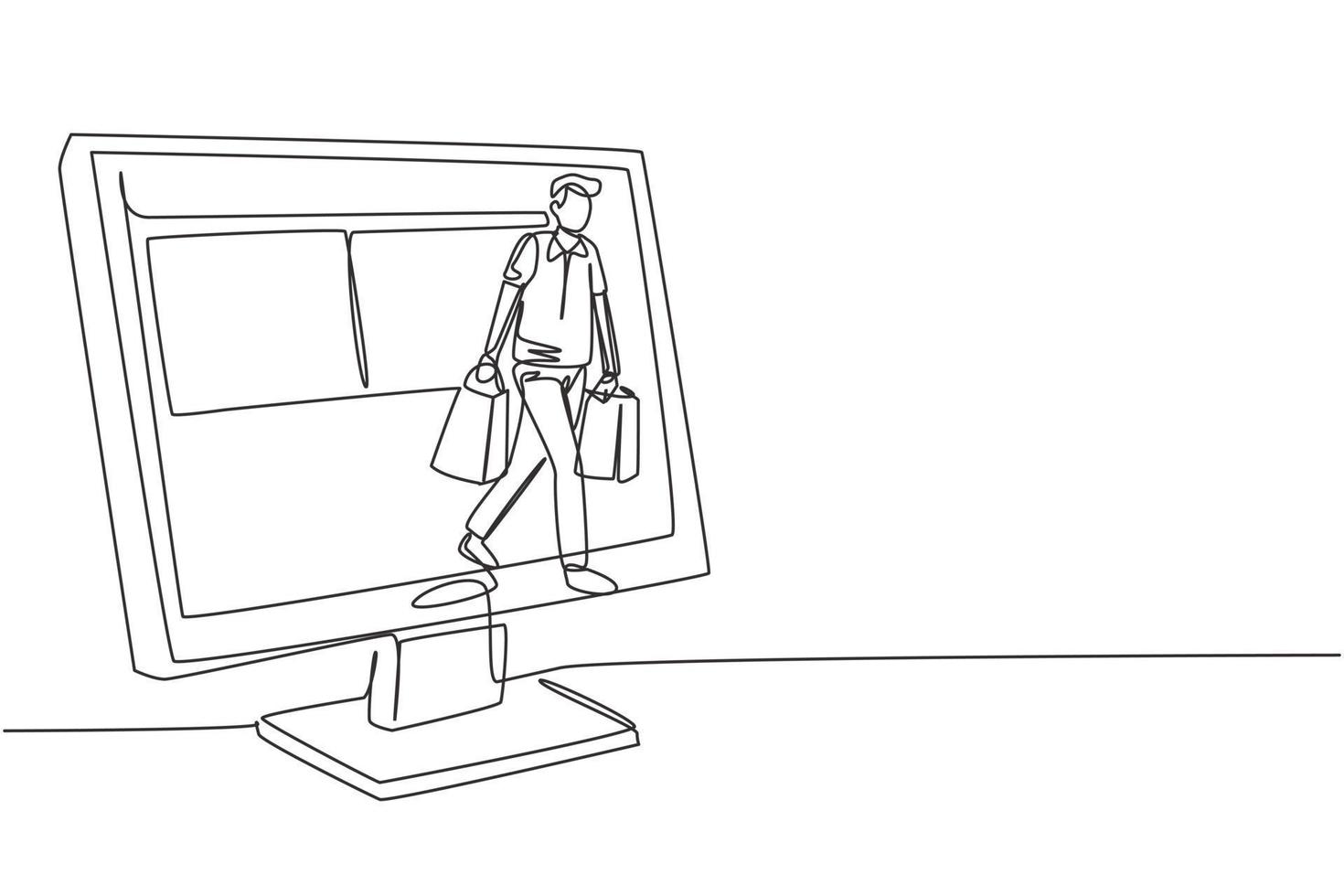 Continuous one line drawing young man coming out of monitor screen holding shopping bags. Sale, digital lifestyle, consumerism and people concept. Single line draw design vector graphic illustration