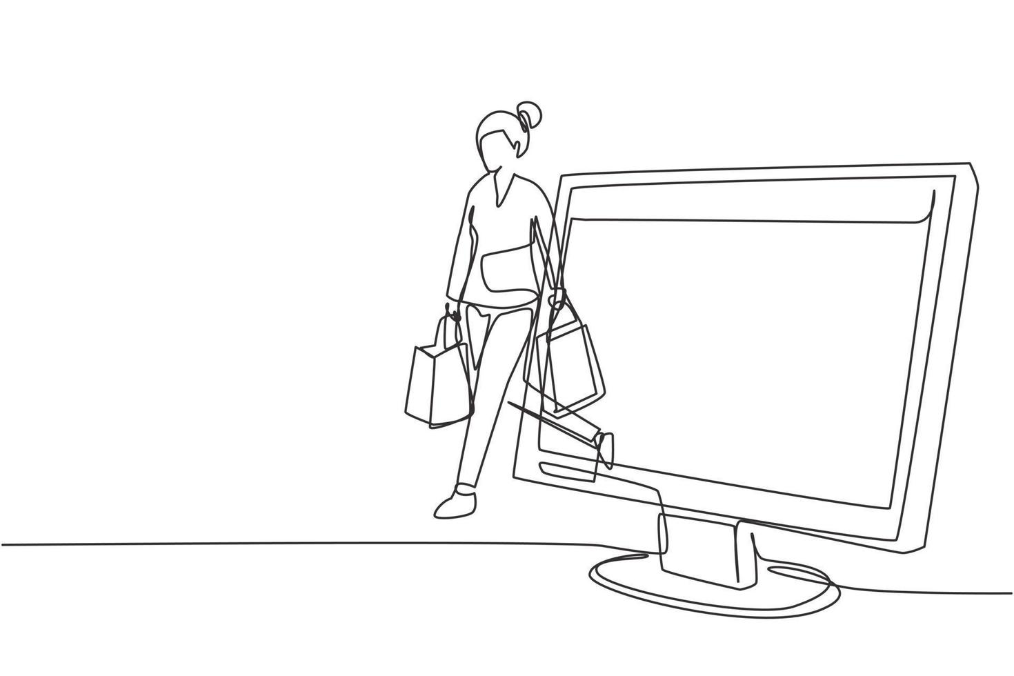 Single continuous line drawing young woman coming out of monitor screen holding shopping bags. Sale, digital lifestyle and consumerism concept. Dynamic one line draw graphic design vector illustration