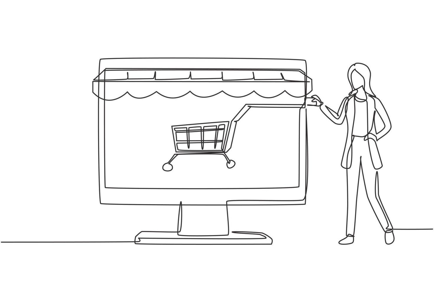 Single continuous line drawing woman inserting credit card into canopy monitor screen with shopping cart. E-shop, digital payment concept. Dynamic one line draw graphic design vector illustration