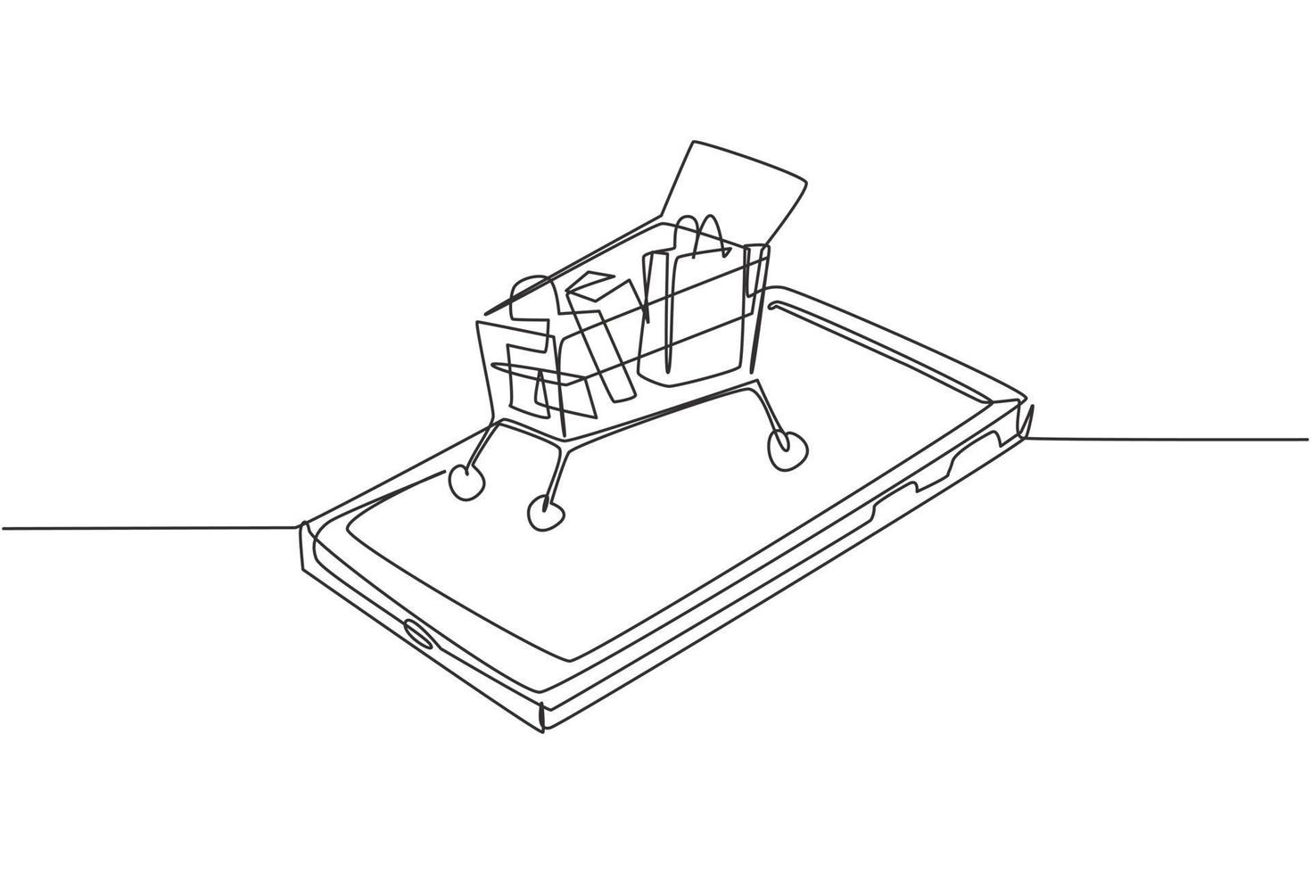 Single one line drawing shopping cart containing goods on smartphone screen. Sale, digital lifestyle with internet and gadgets concept. Modern continuous line draw design graphic vector illustration