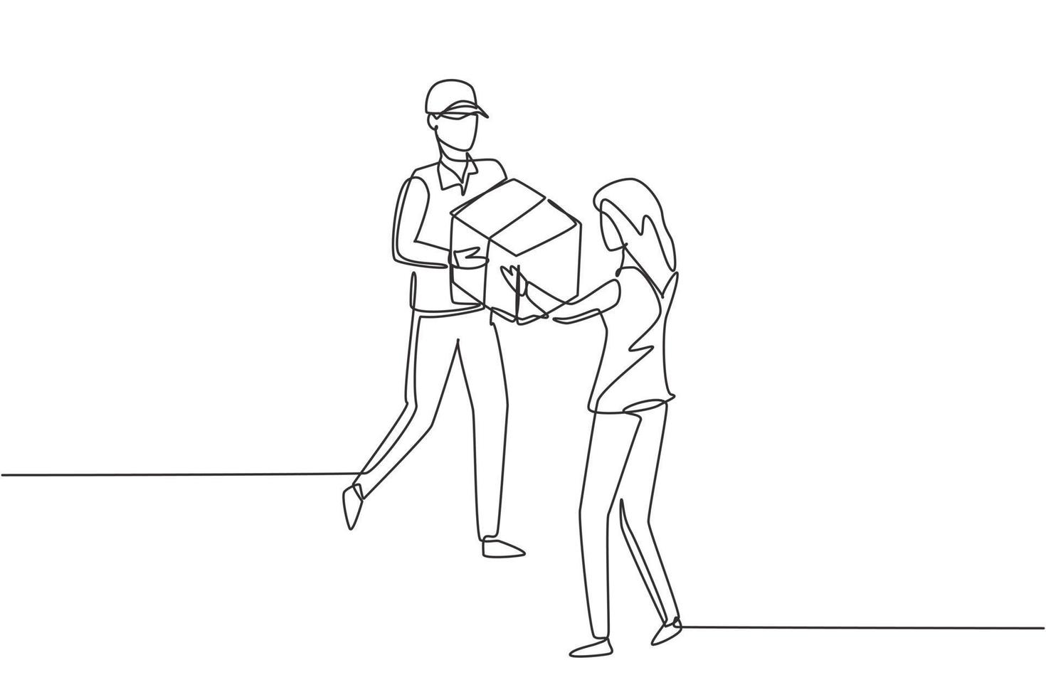 Single one line drawing courier gives package box to female customer. Online shopping. Online delivery service. Fast delivery parcel concept. Continuous line draw design graphic vector illustration