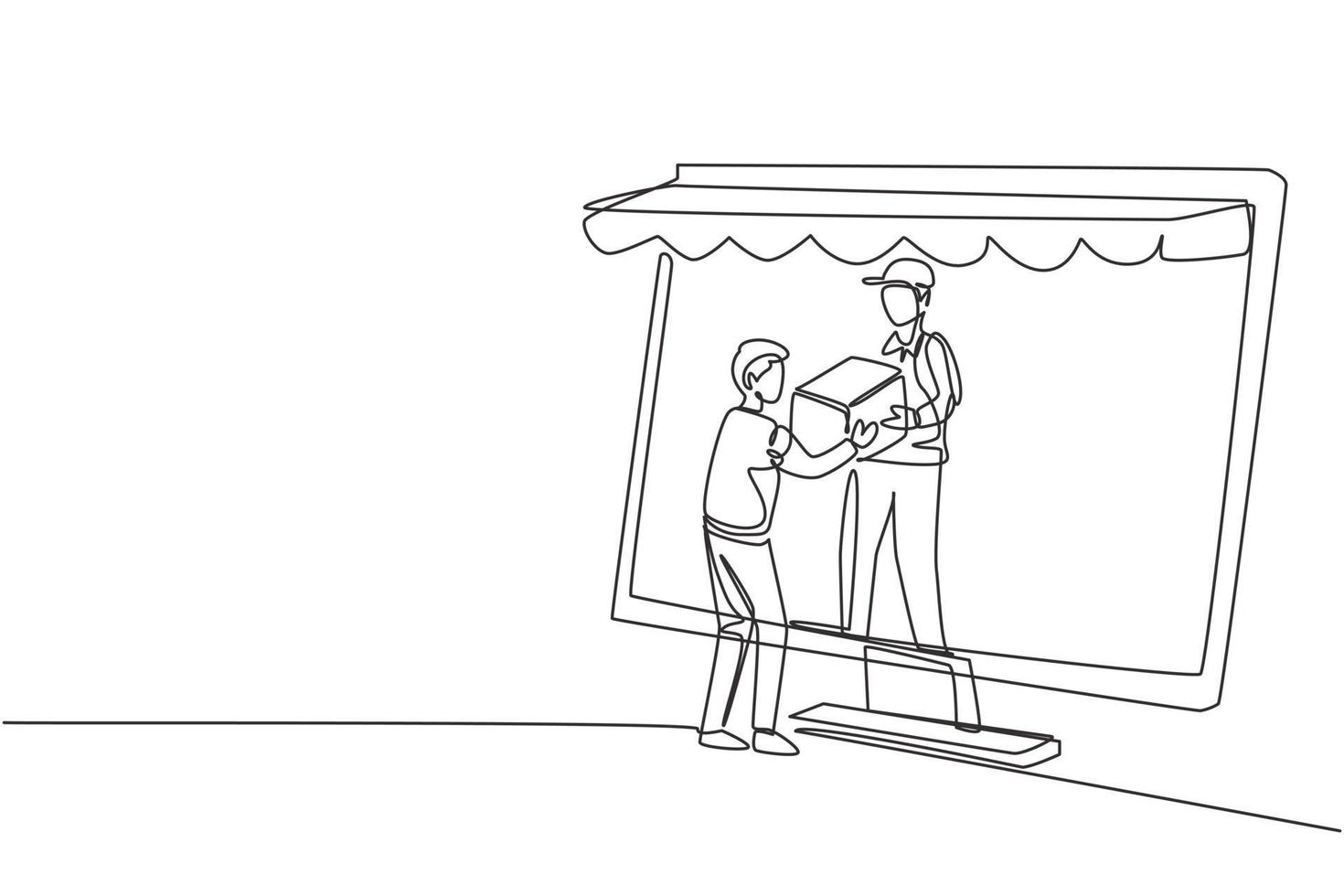 Continuous one line drawing male courier comes out of canopy monitor screen and gives package box to male customer. Fast respond delivery concept. Single line draw design vector graphic illustration