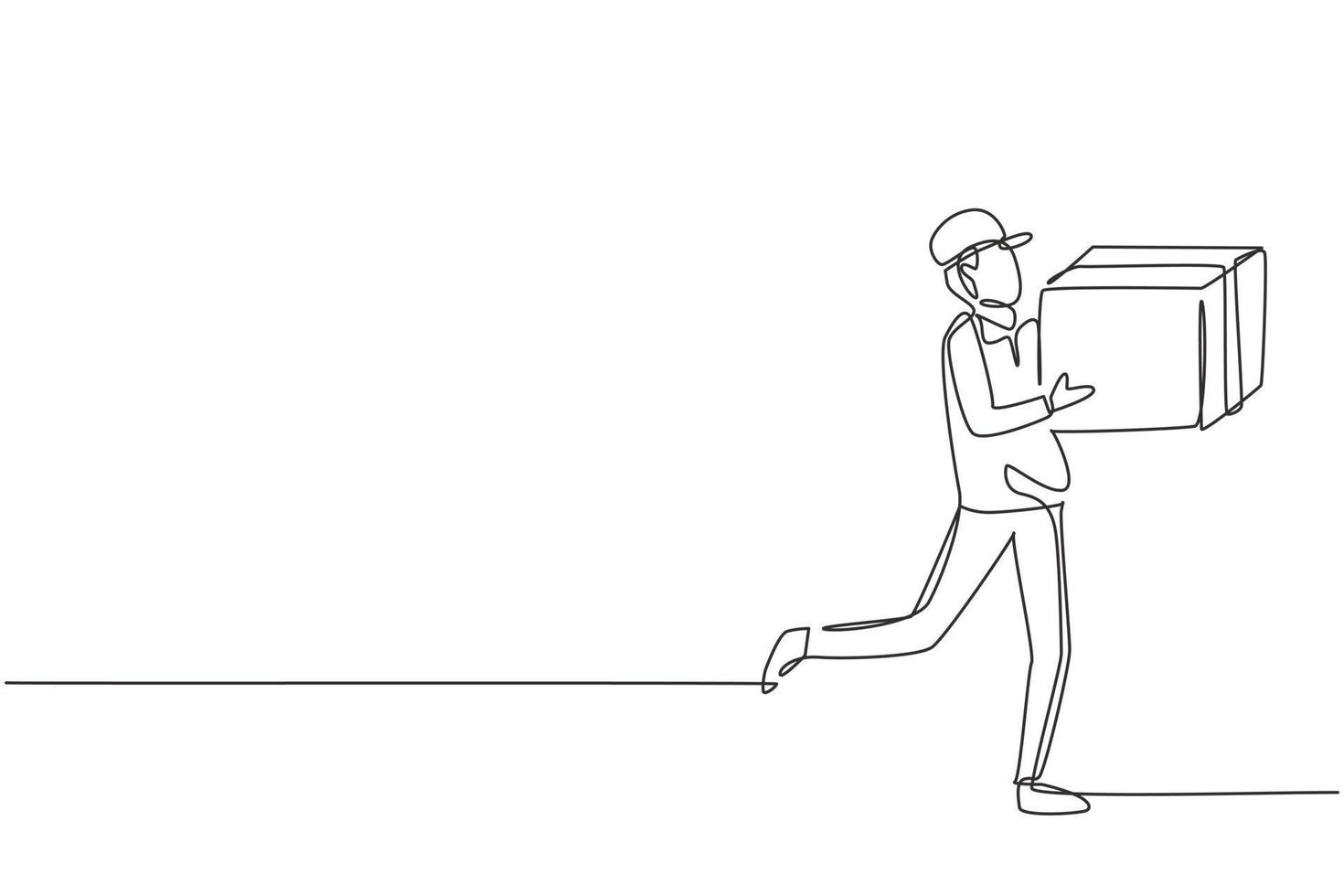 Single one line drawing courier carrying box package. E-commerce. Online shopping. Online delivery service. Fast delivery parcel concept. Modern continuous line draw design graphic vector illustration