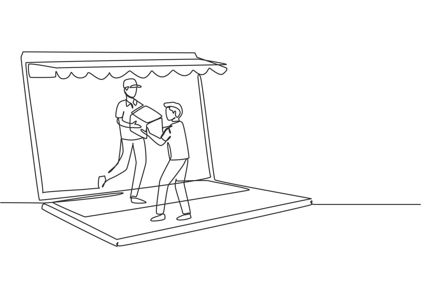 Continuous one line drawing male courier comes out of canopy monitor screen and gives package box to male customer. Fast respond delivery concept. Single line draw design vector graphic illustration