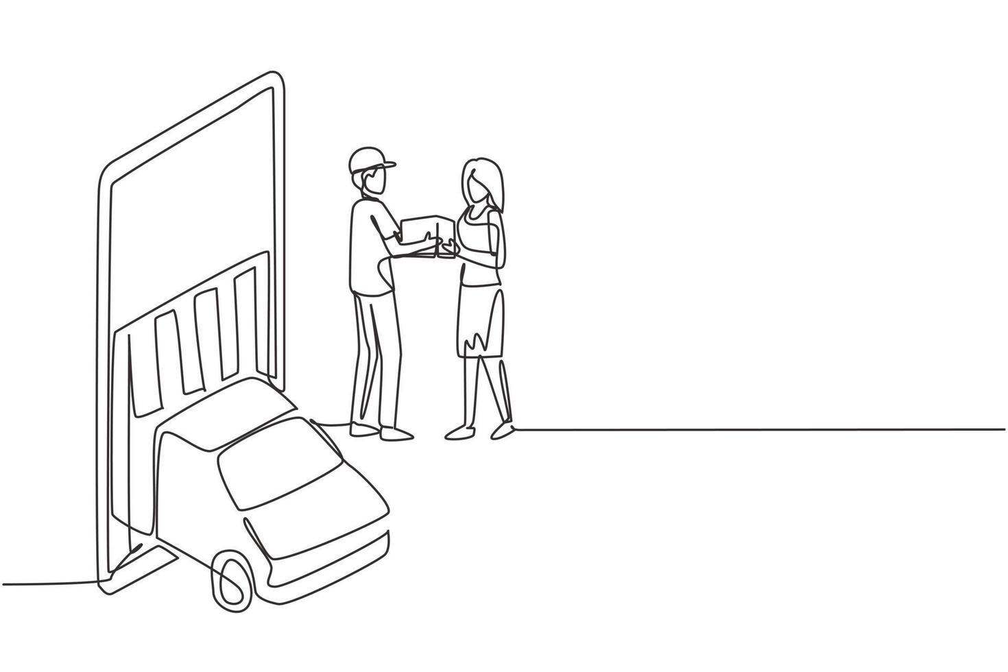 Continuous one line drawing delivery box car comes out partly from giant smartphone screen and male courier gives package box to female customer. Single line draw design vector graphic illustration