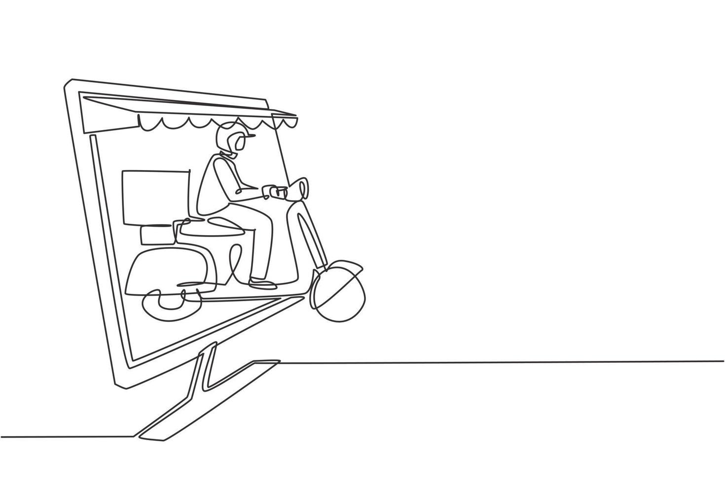 Single one line drawing courier riding scooter carrying package box out of giant monitor screen with canopy. Online delivery service. Modern continuous line draw design graphic vector illustration