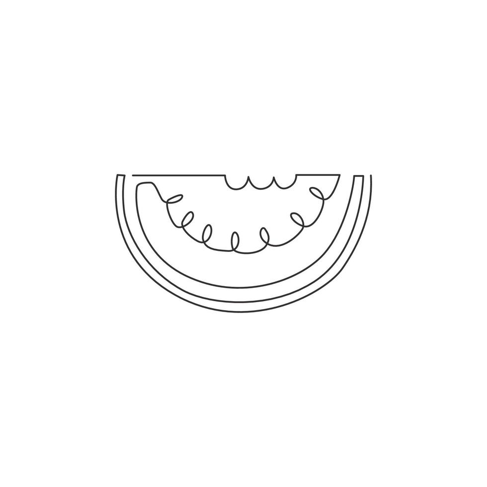 One continuous line drawing of sliced healthy organic watermelon for orchard logo identity. Fresh fruitage concept for fruit garden icon. Modern single line draw design vector graphic illustration