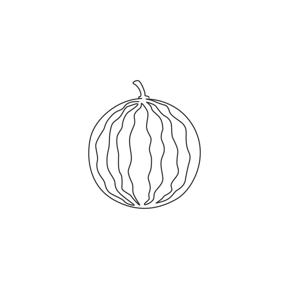 Single continuous line drawing of whole healthy organic watermelon for orchard logo identity. Fresh fruitage concept for fruit garden icon. Modern one line graphic draw design vector illustration