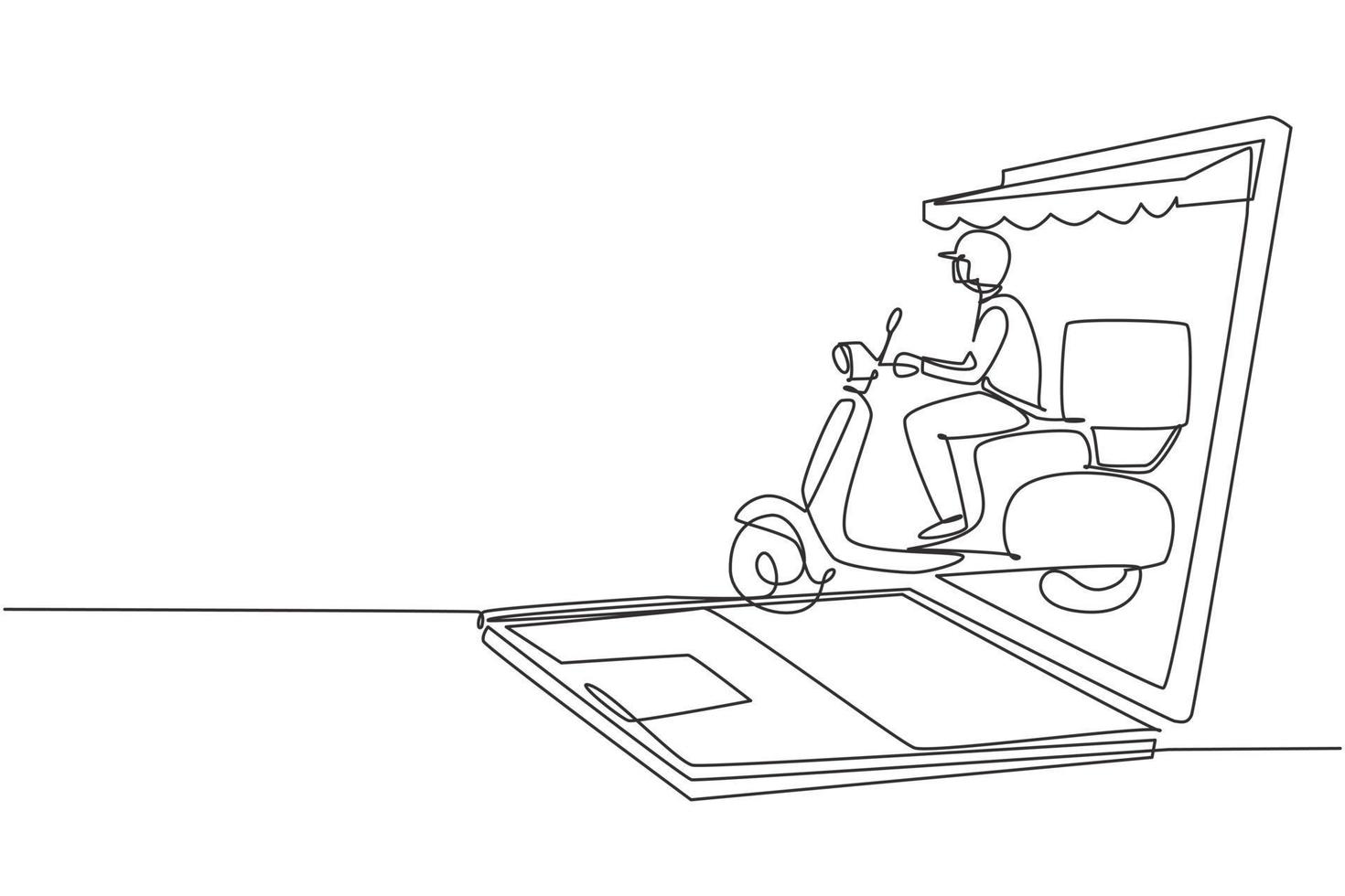 Single continuous line drawing courier riding scooter carrying package box out of giant laptop screen with canopy. Online delivery service. Dynamic one line draw graphic design vector illustration