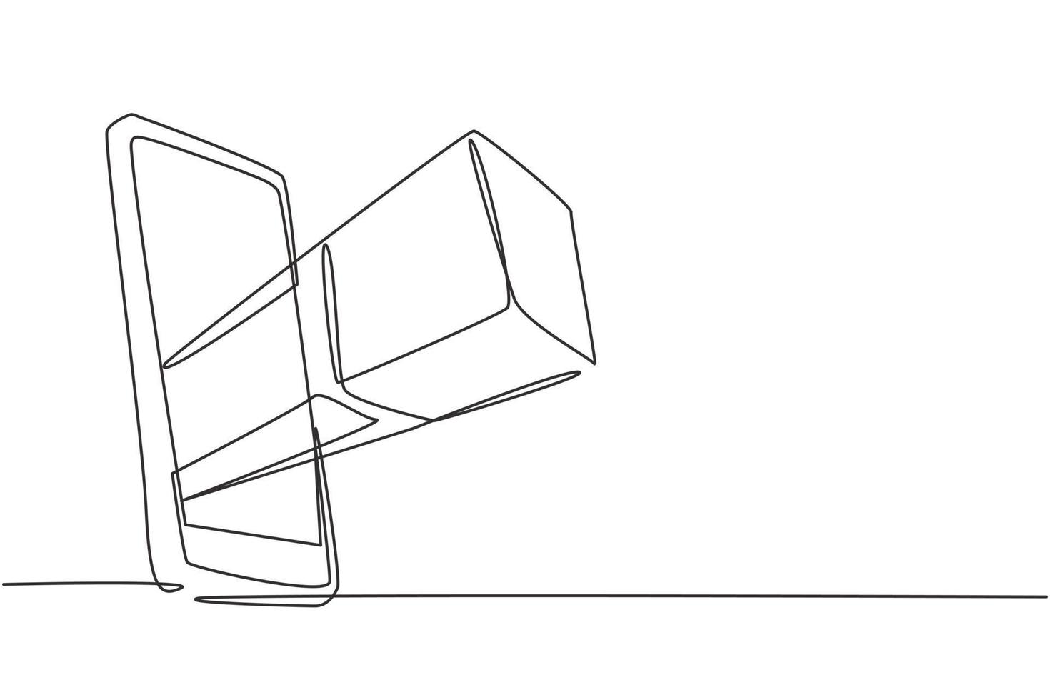 caja de paquete de dibujo de línea continua única fuera de la pantalla del teléfono inteligente. concepto de teléfono de entrega en línea. envío de paquetes de entrega de respuesta rápida en el móvil. Ilustración de vector de diseño gráfico de dibujo de una línea