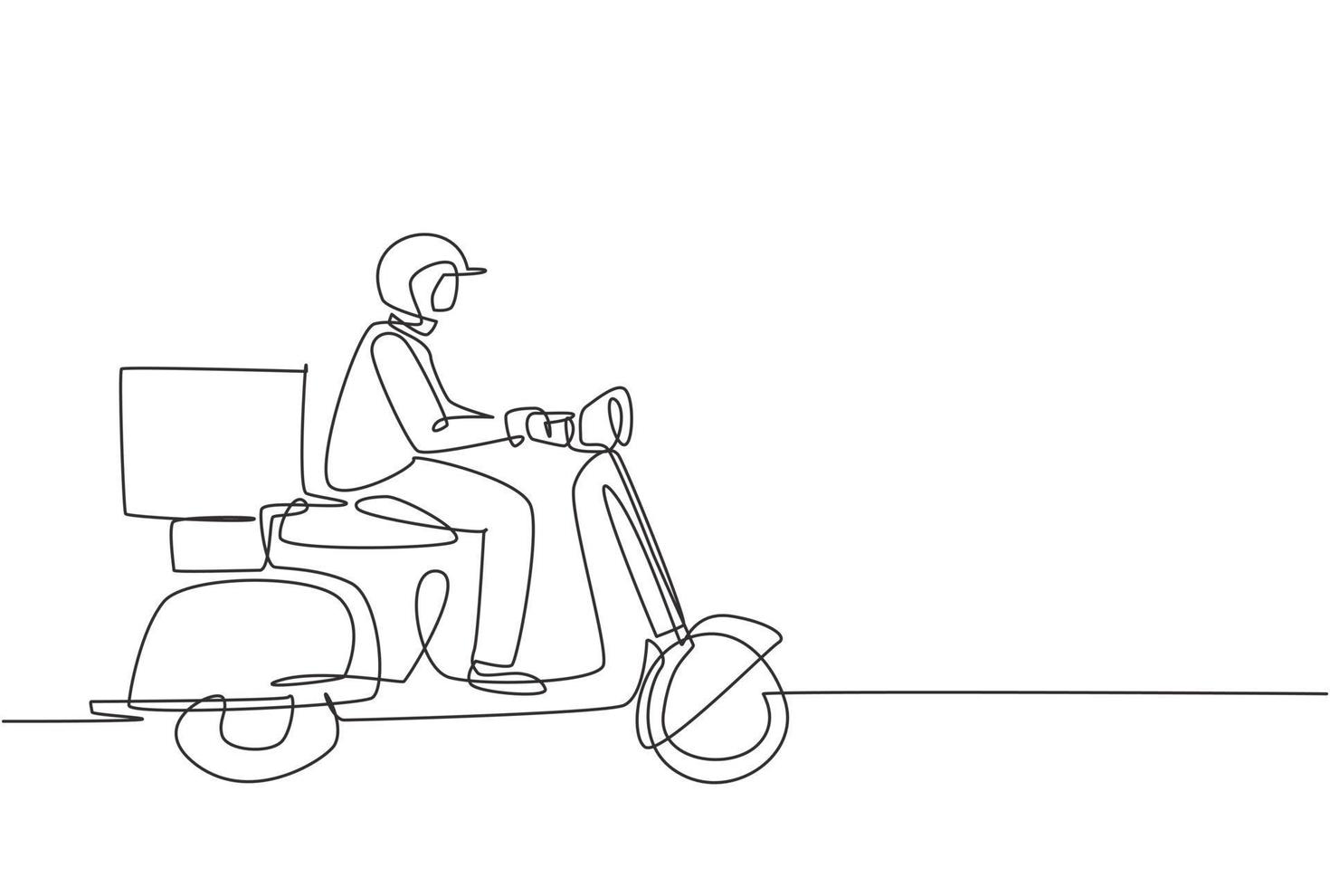 scooter de conducción de mensajería de dibujo de línea continua única con paquete de caja. las compras en línea. servicio de entrega online. concepto de paquete de entrega rápida. Ilustración de vector de diseño gráfico de dibujo de una línea dinámica