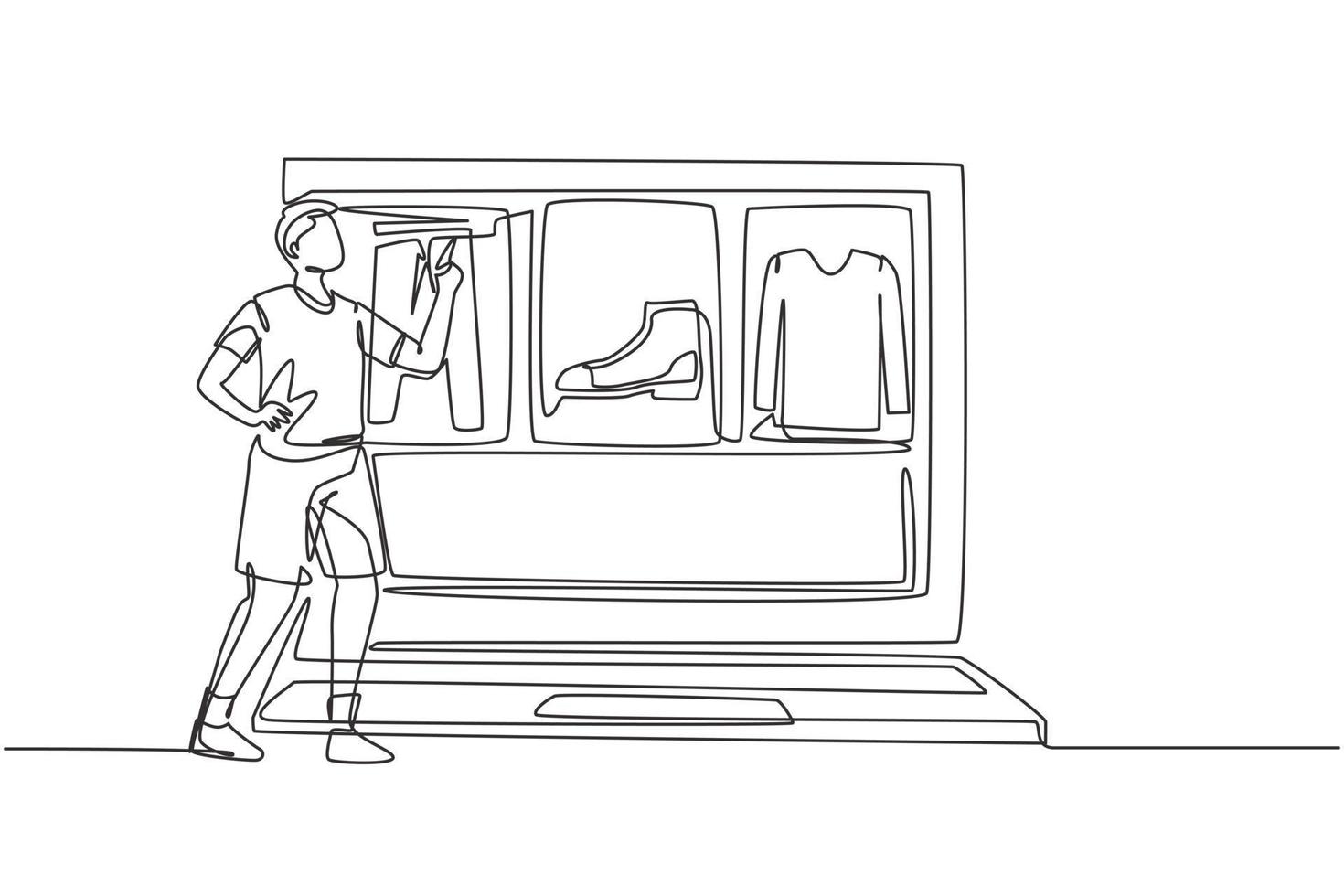 Continuous one line drawing young man choosing shopping items on a giant laptop screen. Sale, digital lifestyle with internet and gadgets concept. Single line draw design vector graphic illustration