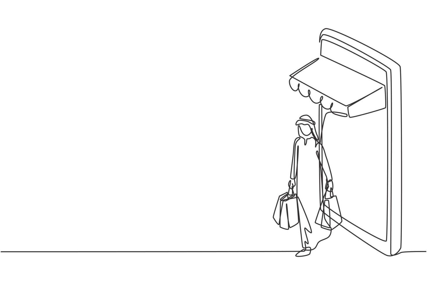 Dibujo de línea continua única hombre árabe saliendo de la pantalla del teléfono inteligente con dosel sosteniendo una bolsa de compras. concepto de consumismo y estilo de vida digital. Ilustración de vector de diseño gráfico de dibujo de una línea dinámica