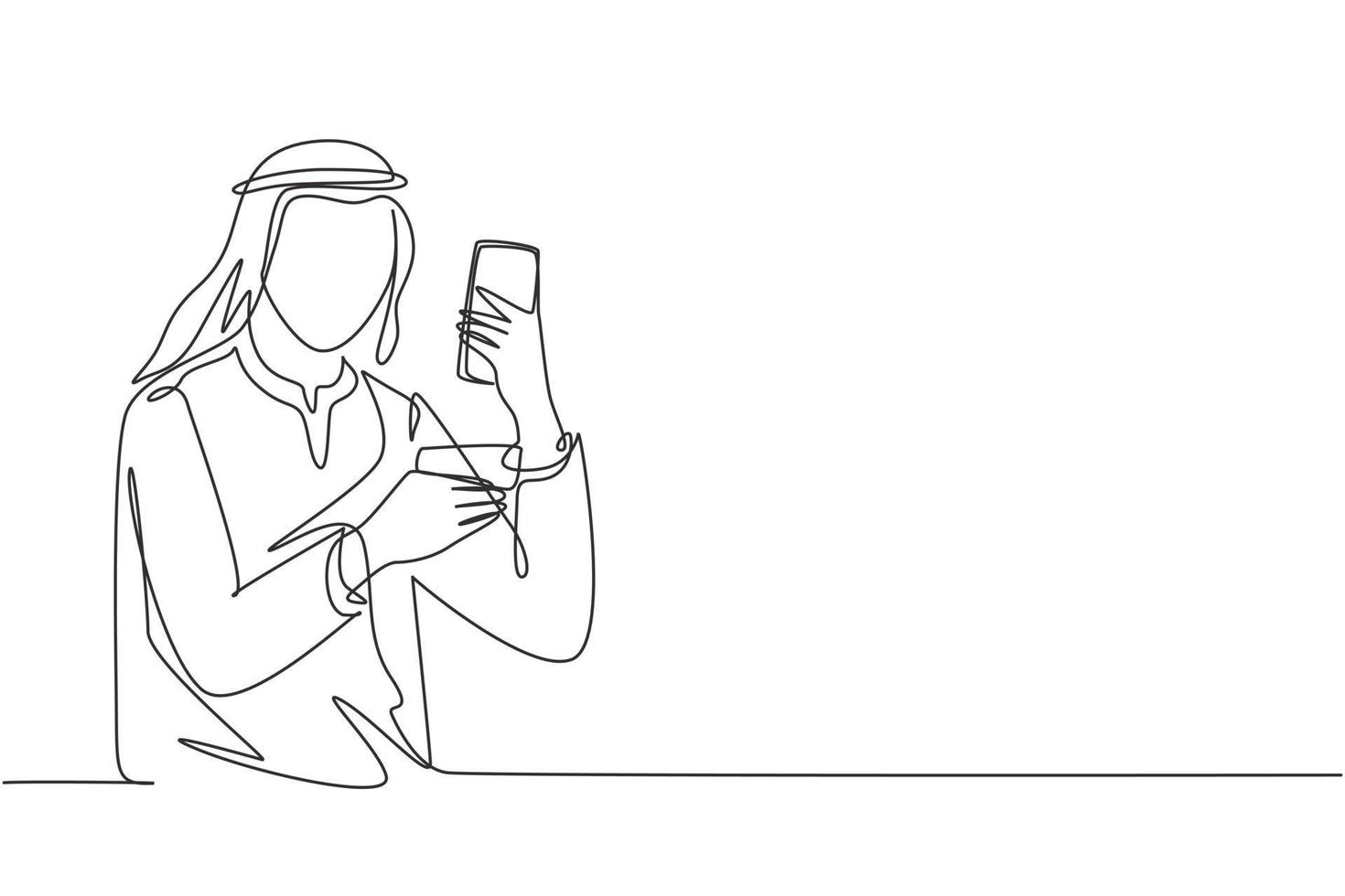 Single one line drawing young Arab man typing entering credit card code on smartphone around desk. Digital lifestyle and payment concept. Modern continuous line draw design graphic vector illustration