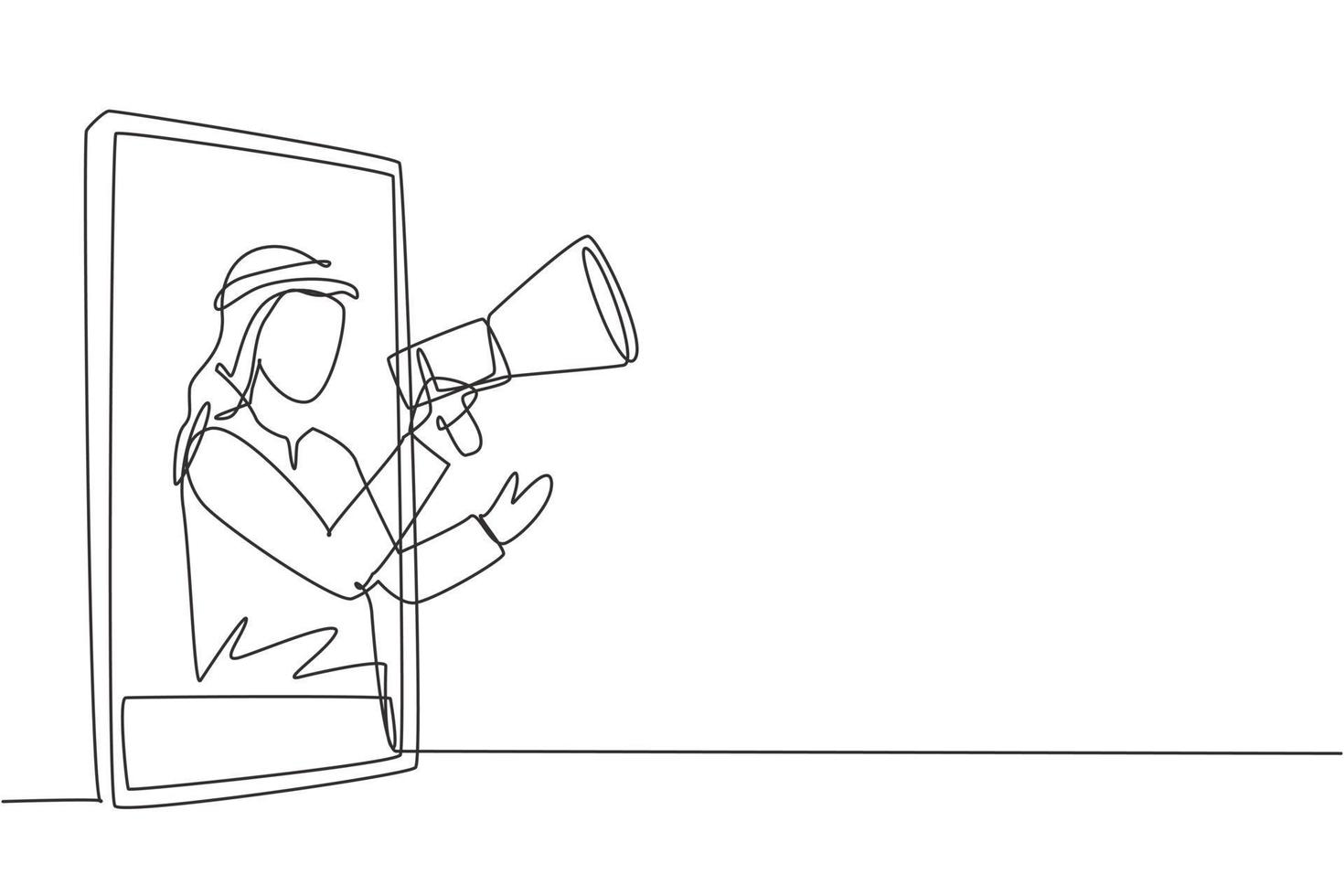 Continuous one line drawing young Arabian man coming out of smartphone screen holding megaphone. Offering product with discounts or sale concept. Single line draw design vector graphic illustration