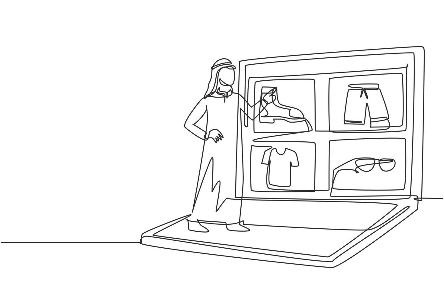 Continuous one line drawing young Arabian man choosing shopping items on a giant laptop screen. E-commerce, digital lifestyle with gadgets concept. Single line draw design vector graphic illustration