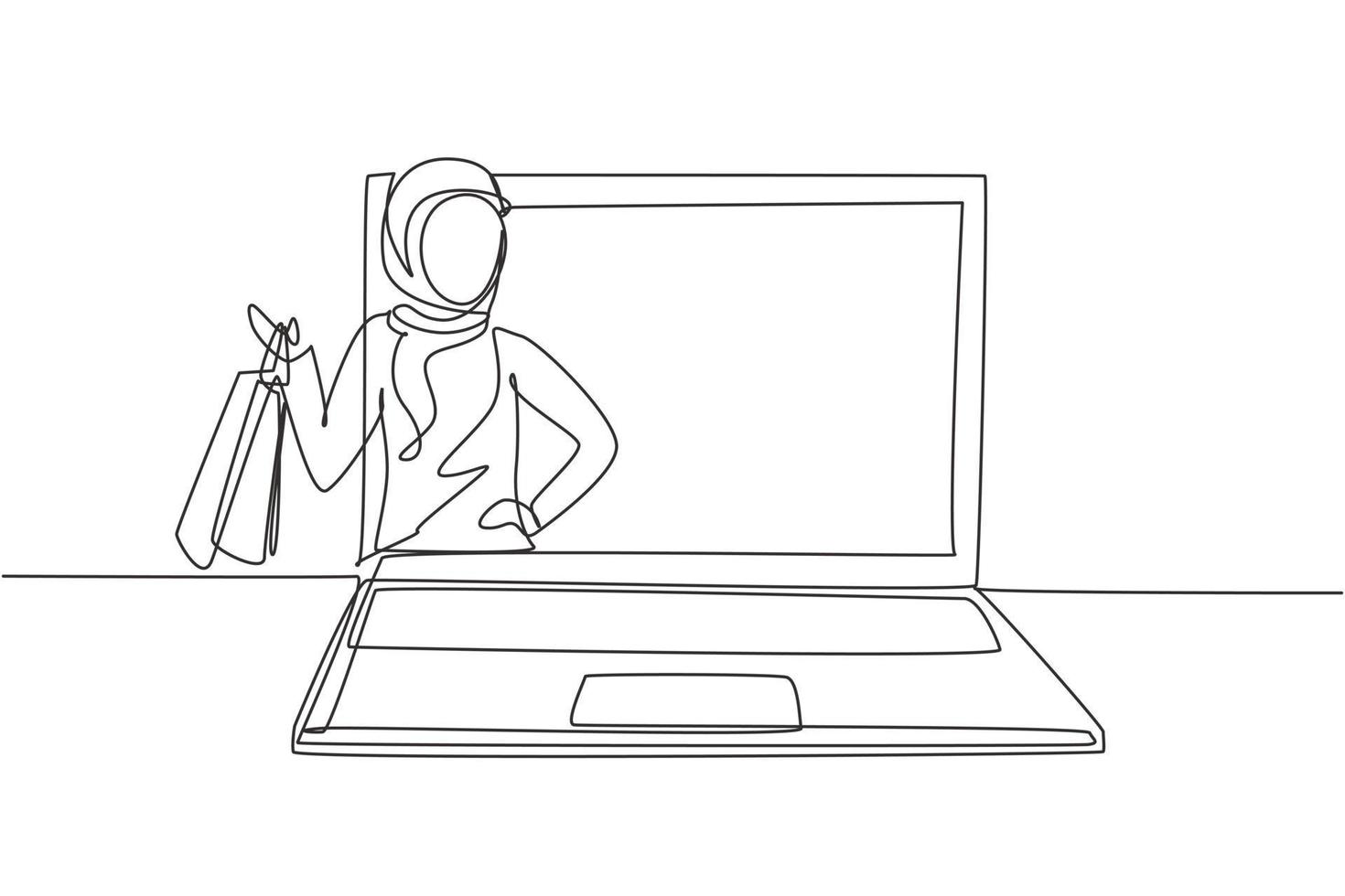Single one line drawing young Arabian woman coming out of laptop screen holding shopping bags. Digital lifestyle and consumerism concept. Modern continuous line draw design graphic vector illustration