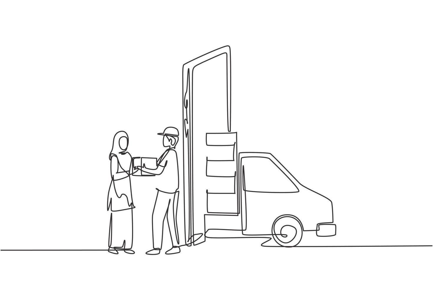 Continuous one line drawing delivery box car comes out partly from laptop screen and male courier gives package box to hijab female customer. Single line draw design vector graphic illustration