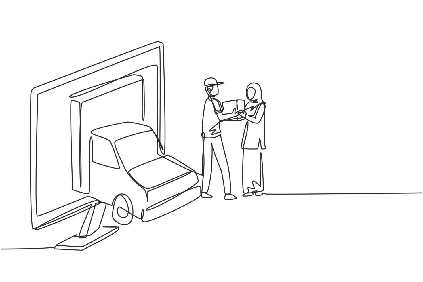 Single one line drawing delivery box car comes out partly from monitor screen and courier gives package box to hijab female customer. Modern continuous line draw design graphic vector illustration