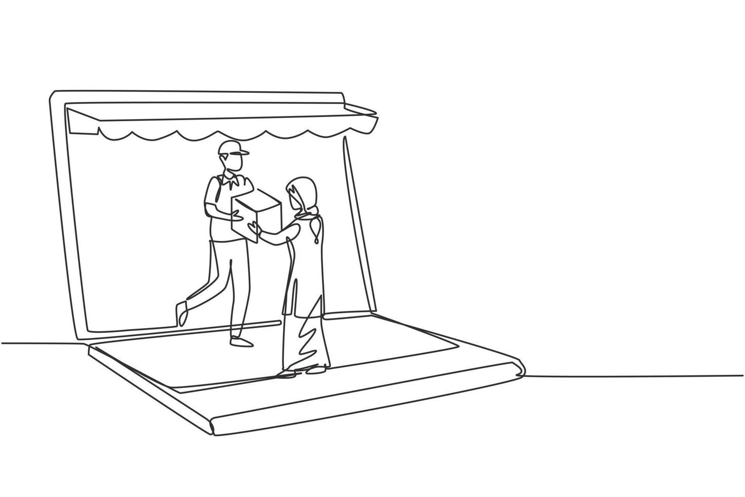 Continuous one line drawing courier comes out of giant laptop screen with canopy and gives package box to hijab female customer. Online delivery. Single line draw design vector graphic illustration