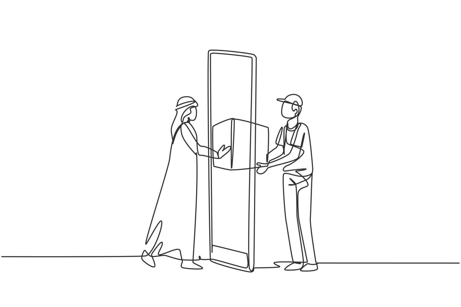 Single continuous line drawing male courier delivers box package, through smartphone to Arabian male customer. Online delivery service concept. Dynamic one line draw graphic design vector illustration