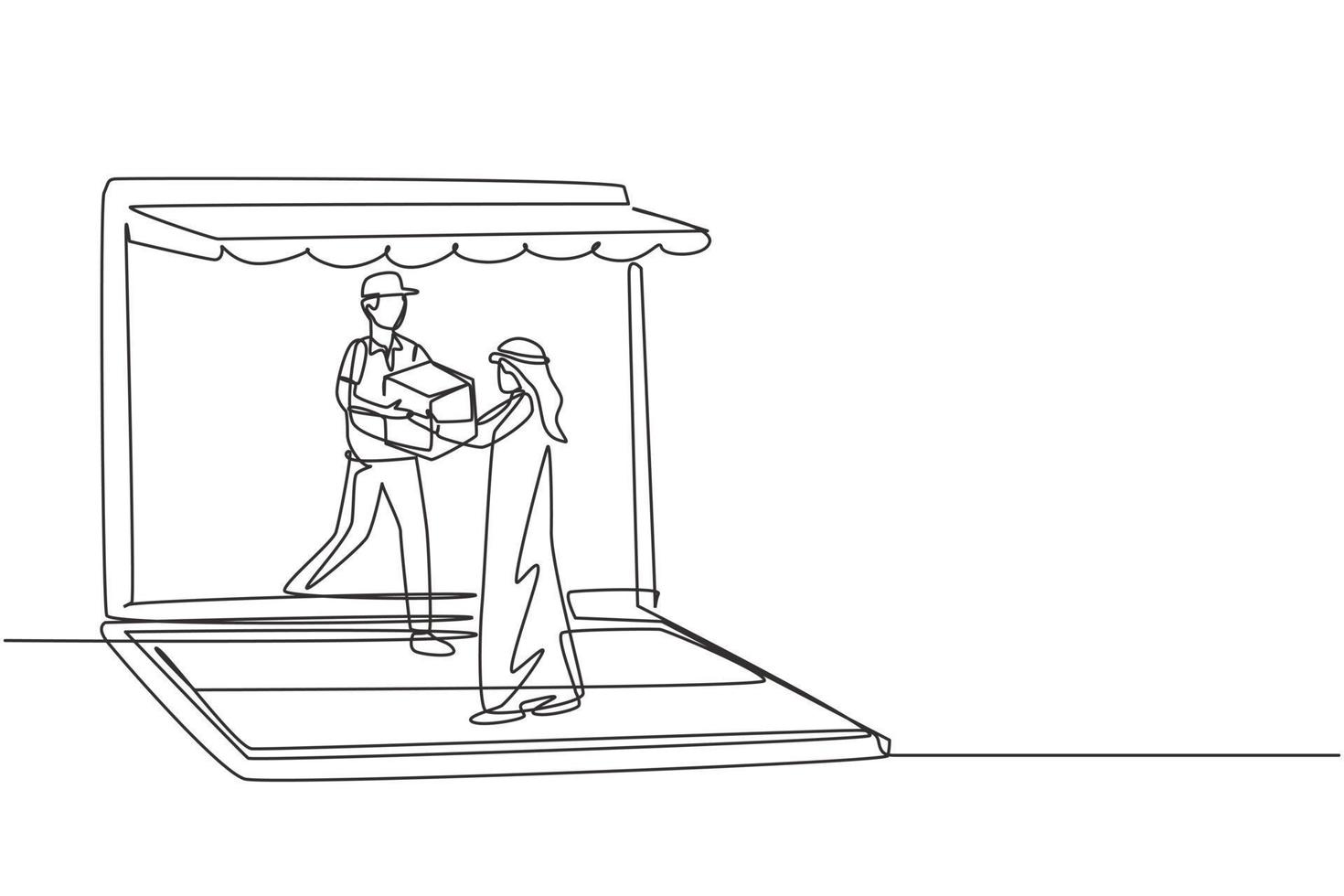 Single one line drawing courier comes out of giant laptop screen with canopy and gives package box to Arabic male customer. Online delivery. Continuous line draw design graphic vector illustration