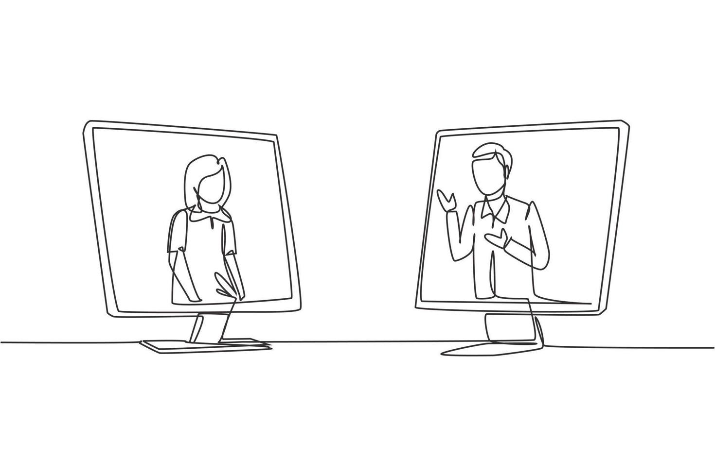 Continuous one line drawing two monitors are standing in front of each other, one side contains female junior high school student studying and the other contains male teacher teaching. Draw design vector