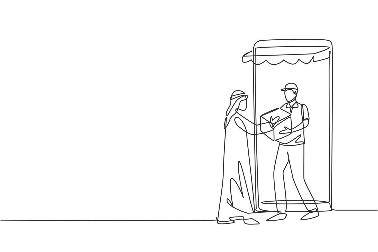 Continuous one line drawing courier comes out of giant smartphone screen with canopy and gives package box to Arabic male customer. Online delivery. Single line draw design vector graphic illustration