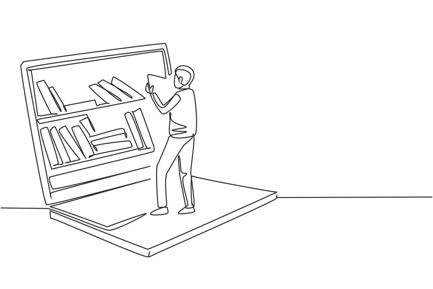 Single continuous line drawing male student reading book while standing in front of large laptop with bookshelf on screen. Mobile education. Dynamic one line draw graphic design vector illustration