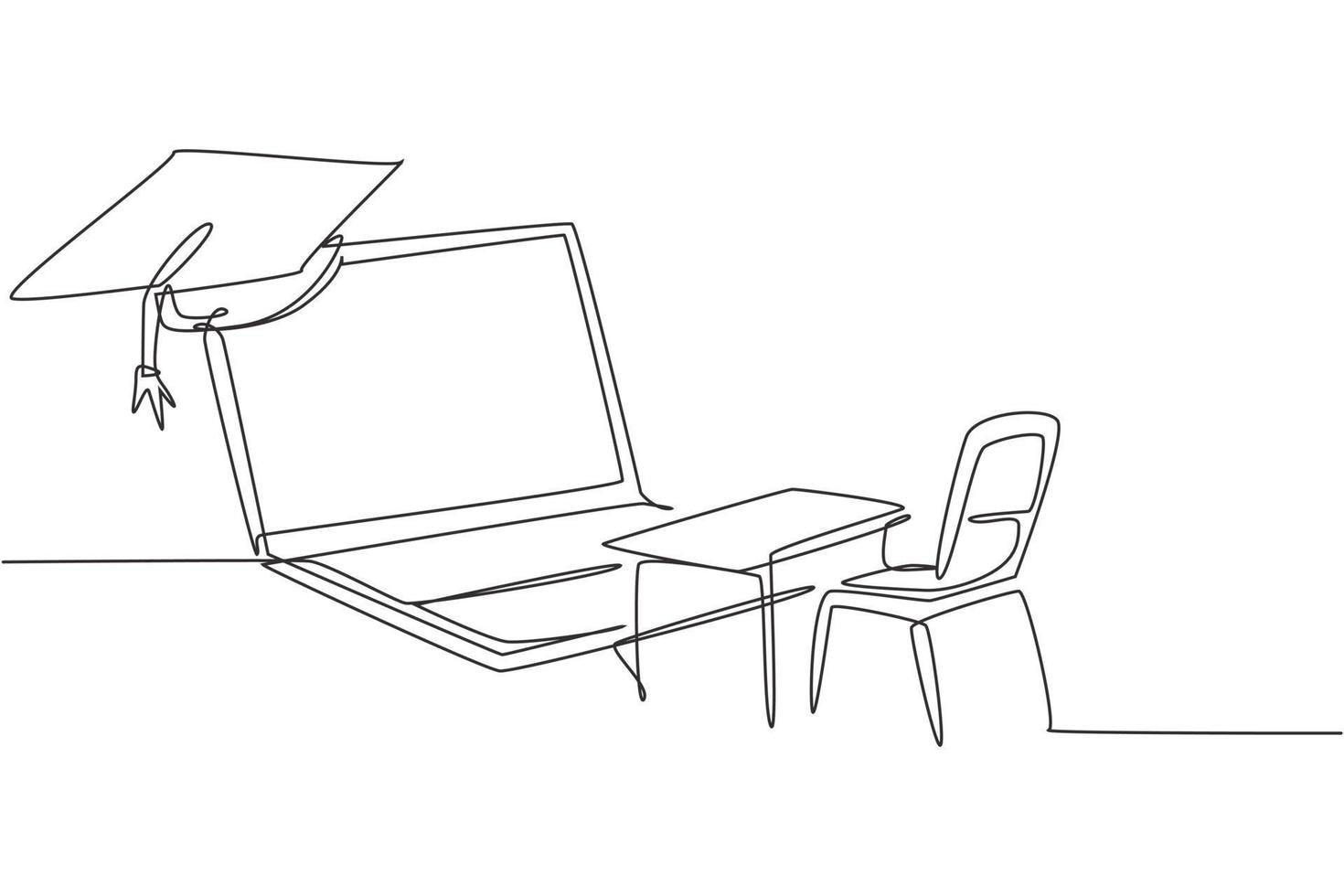 Single continuous line drawing empty study chairs and desks facing giant laptop screen in which there is blackboard and graduation cap on top. Dynamic one line draw graphic design vector illustration